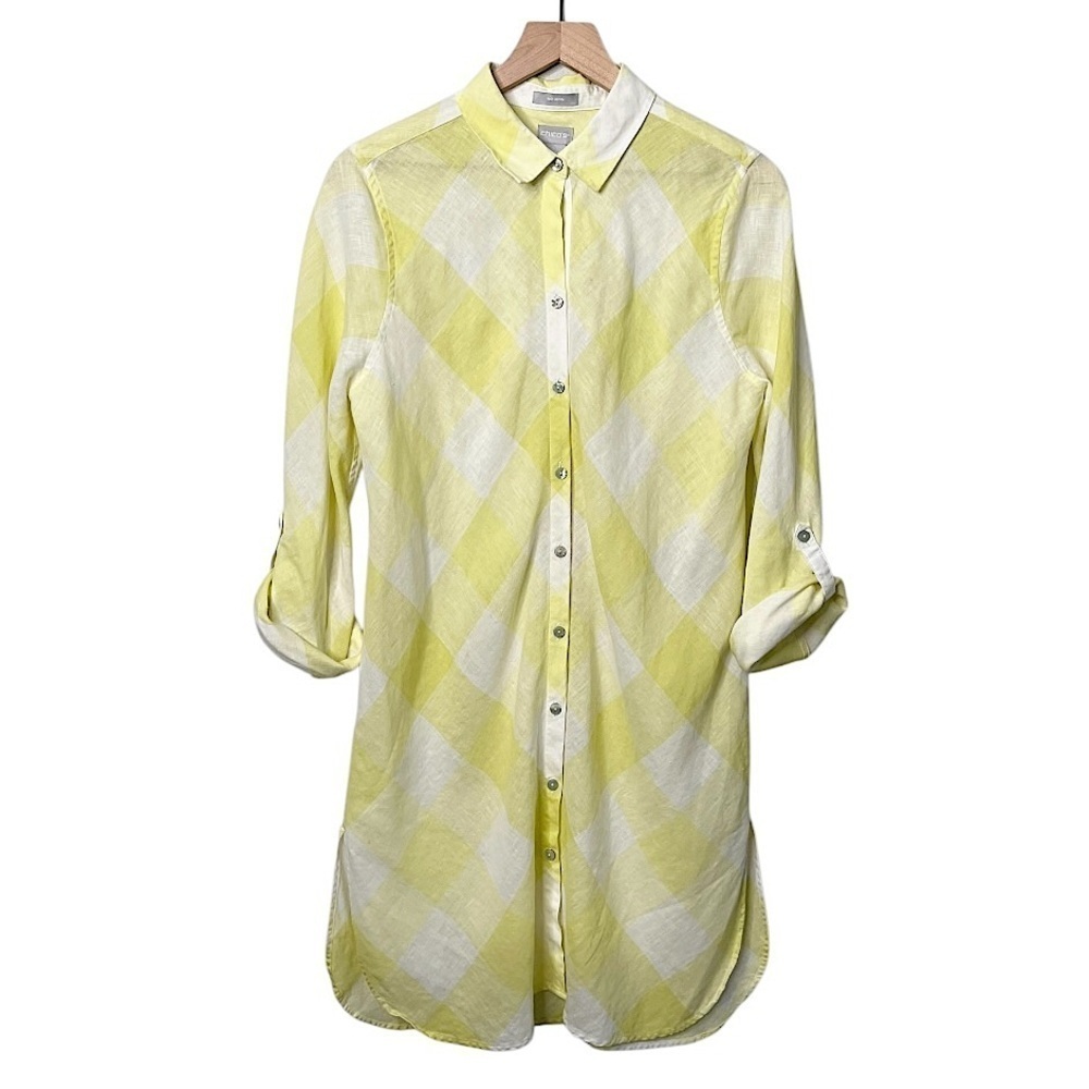 Chico’s Linen‎ Gingham Maxi Button Front Shirt Yellow White Women’s Size 8